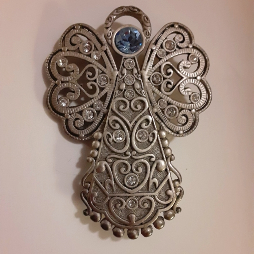 Premiere Designs Antique Silver Tone Filigree Angel Brooch w/ Light Blue Accent